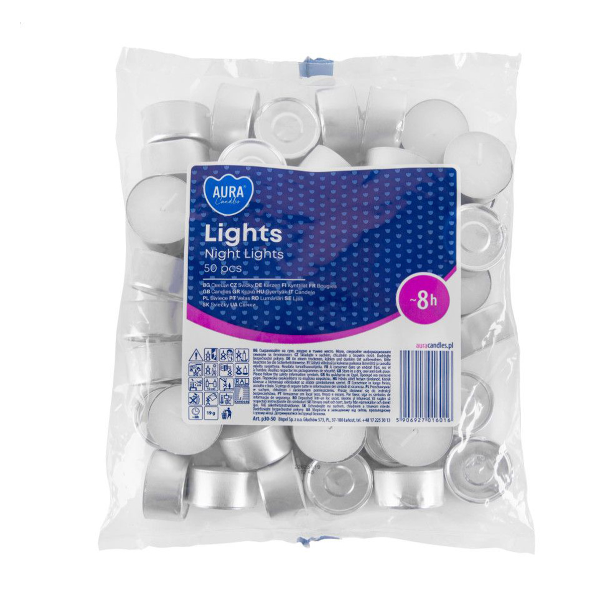 Набір чайних свічок Bispol Aura Light Night Light без запаху, 50 шт (p30-50)